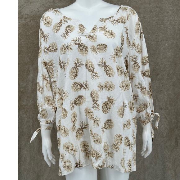 Coral Bay Top Womens 3X Ivory Tan Pineapples Linen Blend Tropical Resort Beach‎ - Picture 1 of 10